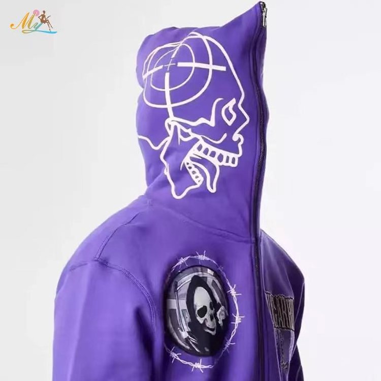 Clothing Manufacturers Custom Fleece Cotton Unisex Hoodie Full Face Puff printing Custom Zipper Full Zip Up Hoodie Blank