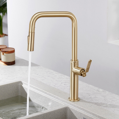 Luxury Brushed Gold 360 Degree Adjustable Flexible Pull-down Modern Kitchen Mixer Tap Pull Out Luxury Kitchen Sink Faucets