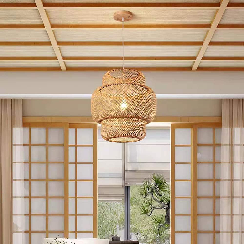 Indoor Decorative Handwoven Bamboo Pendant Lamp Light Hanging Natural Chandeliers for Farmhouse Kitchen