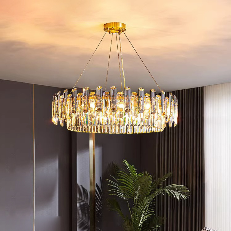 Modern Crystal Chandelier Luxury Gold Round Raindrop Three Color Temperatures Hanging Pendant Ceiling Flush Mount Light Fixture