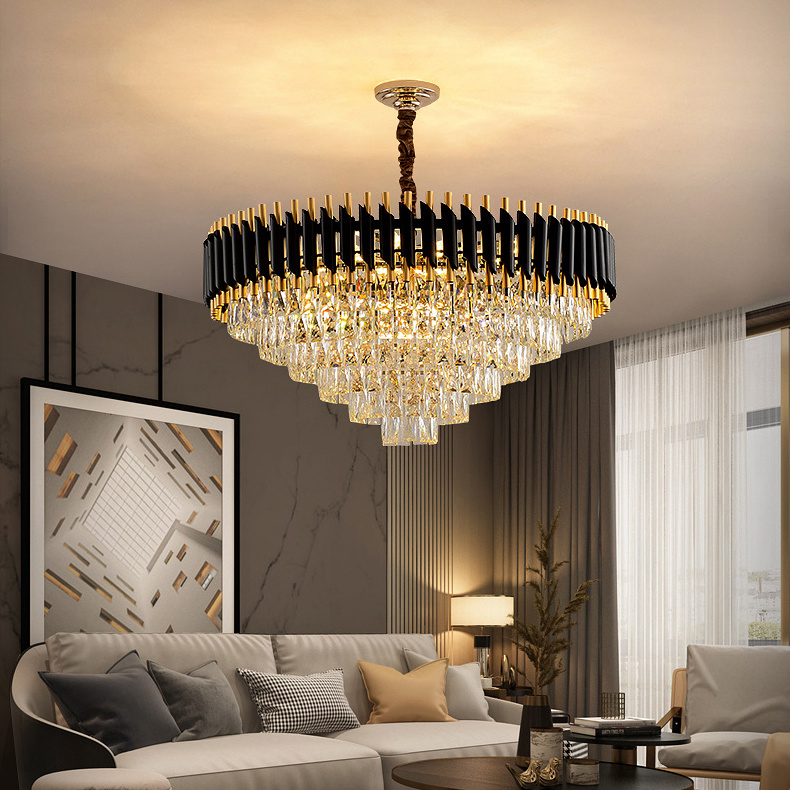 Modern Crystal Chandelier Luxury Gold Round Raindrop Three Color Temperatures Hanging Pendant Ceiling Flush Mount Light Fixture