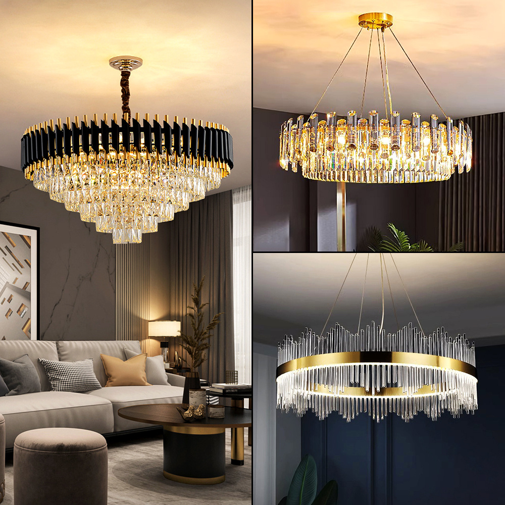 Modern Crystal Chandelier Luxury Gold Round Raindrop Three Color Temperatures Hanging Pendant Ceiling Flush Mount Light Fixture