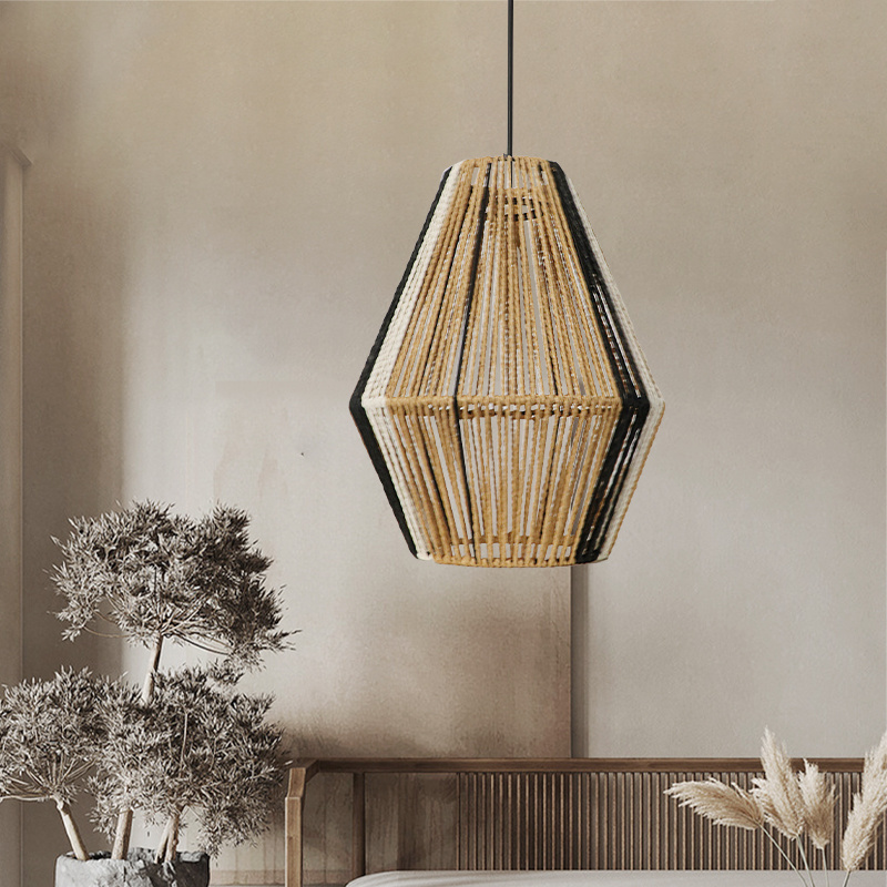 Rattan Hanging Lamp Adjustable Handwoven Basket Shade Boho Pendant Light Fixtures