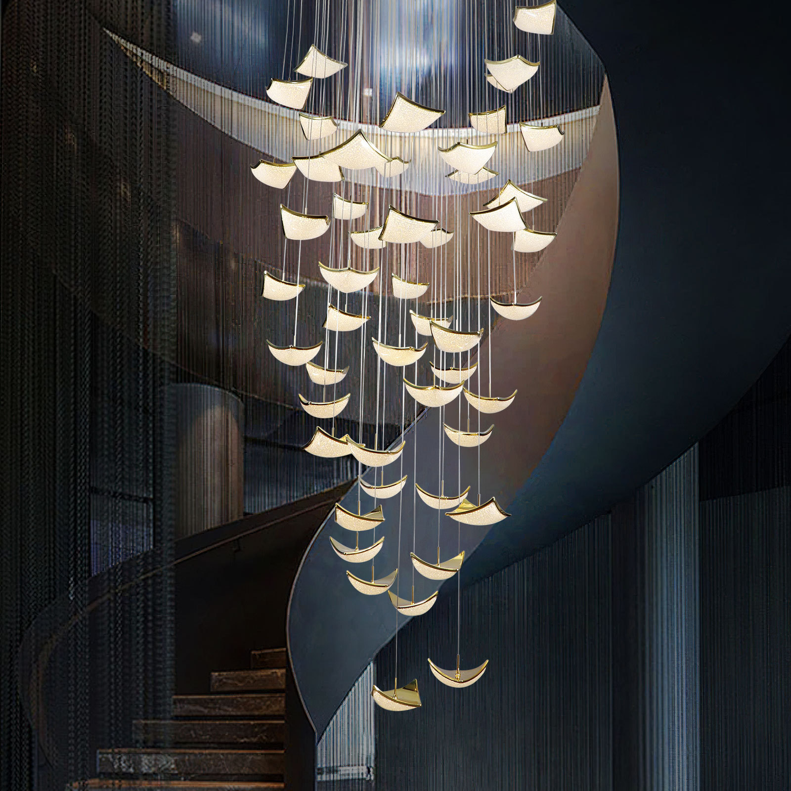 Modern Led Chandelier Staircase Height Adjustable Spiral Raindrop Dimmable Ceiling Pendant Light for Entryway Foyer Living Room