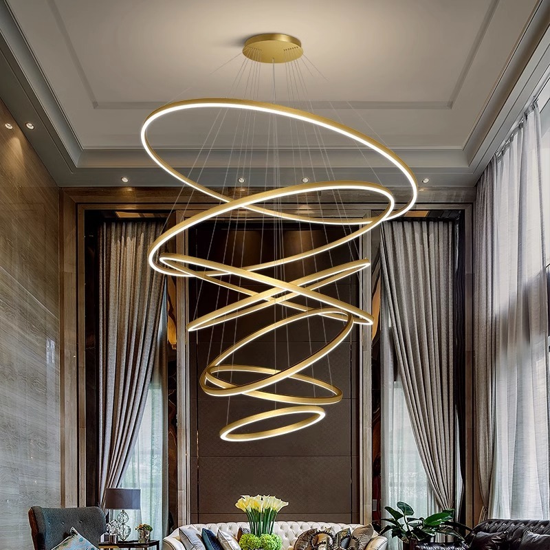 Modern Chandelier Large Led Pendant Light Fixture Luxury Acrylic Adjustable Circle High Ceiling Ring Lamp for Hotel Dining Room