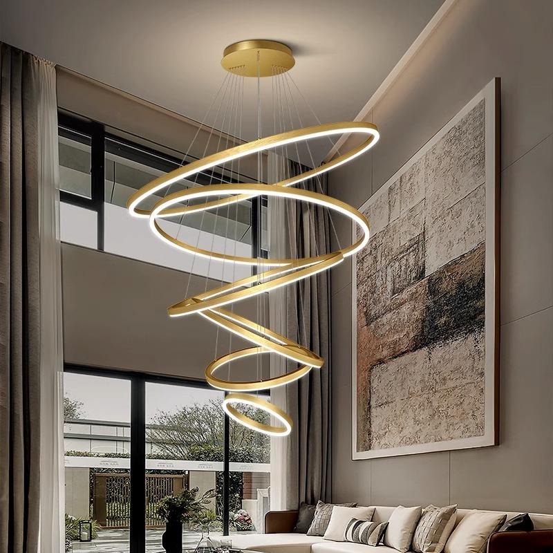 Modern Chandelier Large Led Pendant Light Fixture Luxury Acrylic Adjustable Circle High Ceiling Ring Lamp for Hotel Dining Room