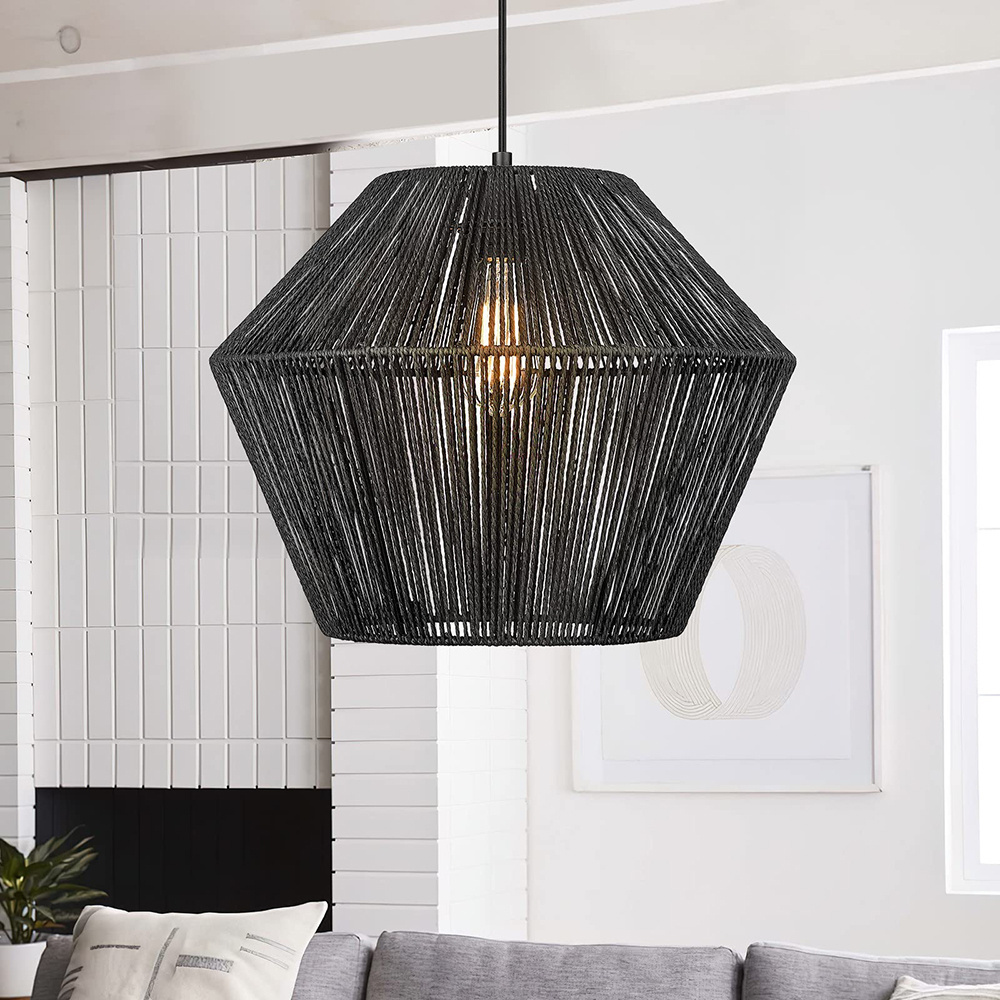 Farmhouse Coastal Matte Black Handwoven Rattan Hanging Chandeliers Dining Pendant Lamp for Hallway