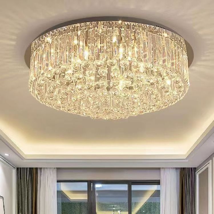 Modern Elegant Hotel Living Room Mini Chrome Flush Mount Round K9 Crystal Ceiling Lamp Light Fixtures