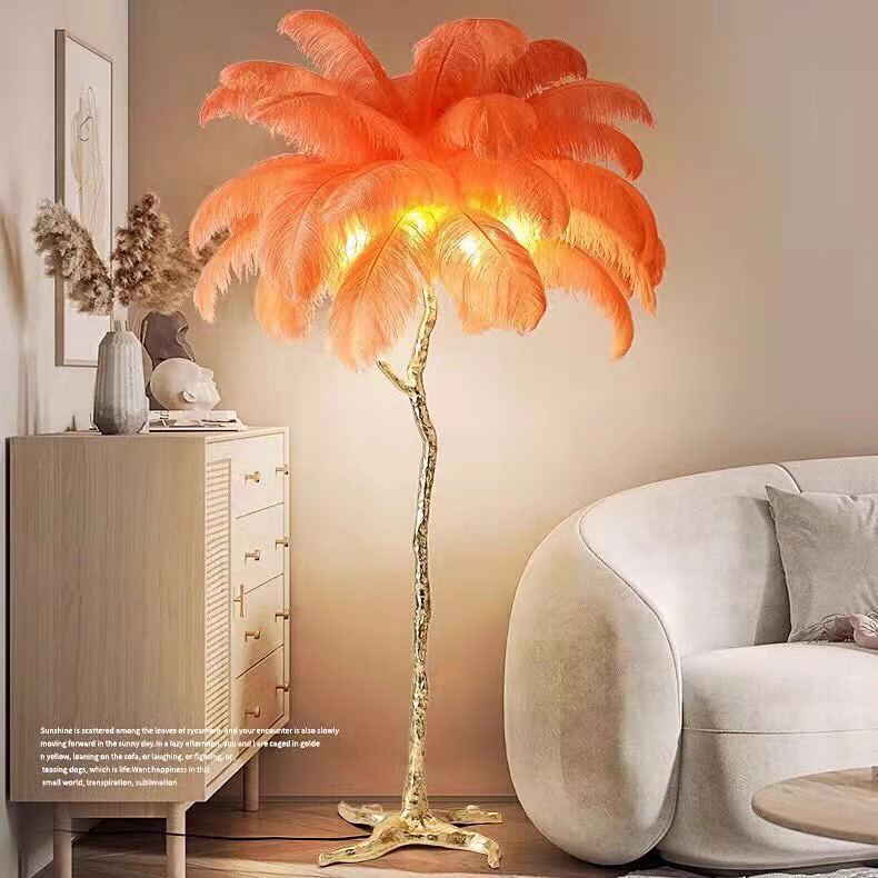 Modern Nordic Luxury Standing Light Home Hotel Decorative Palm Arc Tree Resin Copper Ostrich Feather Floor Lamp