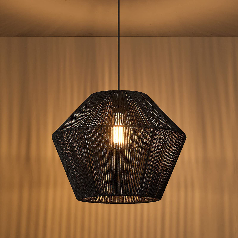 Farmhouse Coastal Matte Black Handwoven Rattan Hanging Chandeliers Dining Pendant Lamp for Hallway