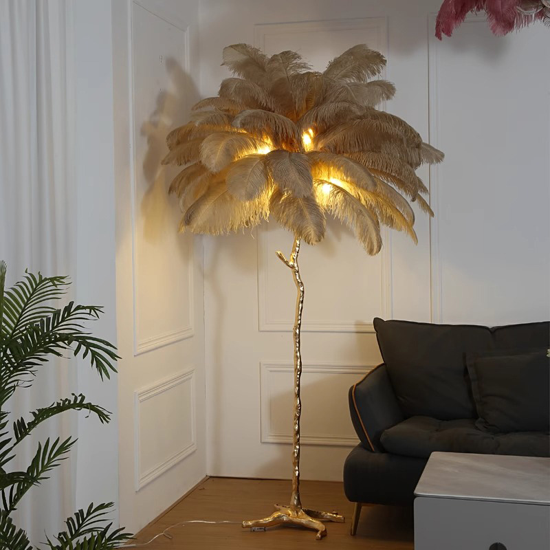 Modern Nordic Luxury Standing Light Home Hotel Decorative Palm Arc Tree Resin Copper Ostrich Feather Floor Lamp