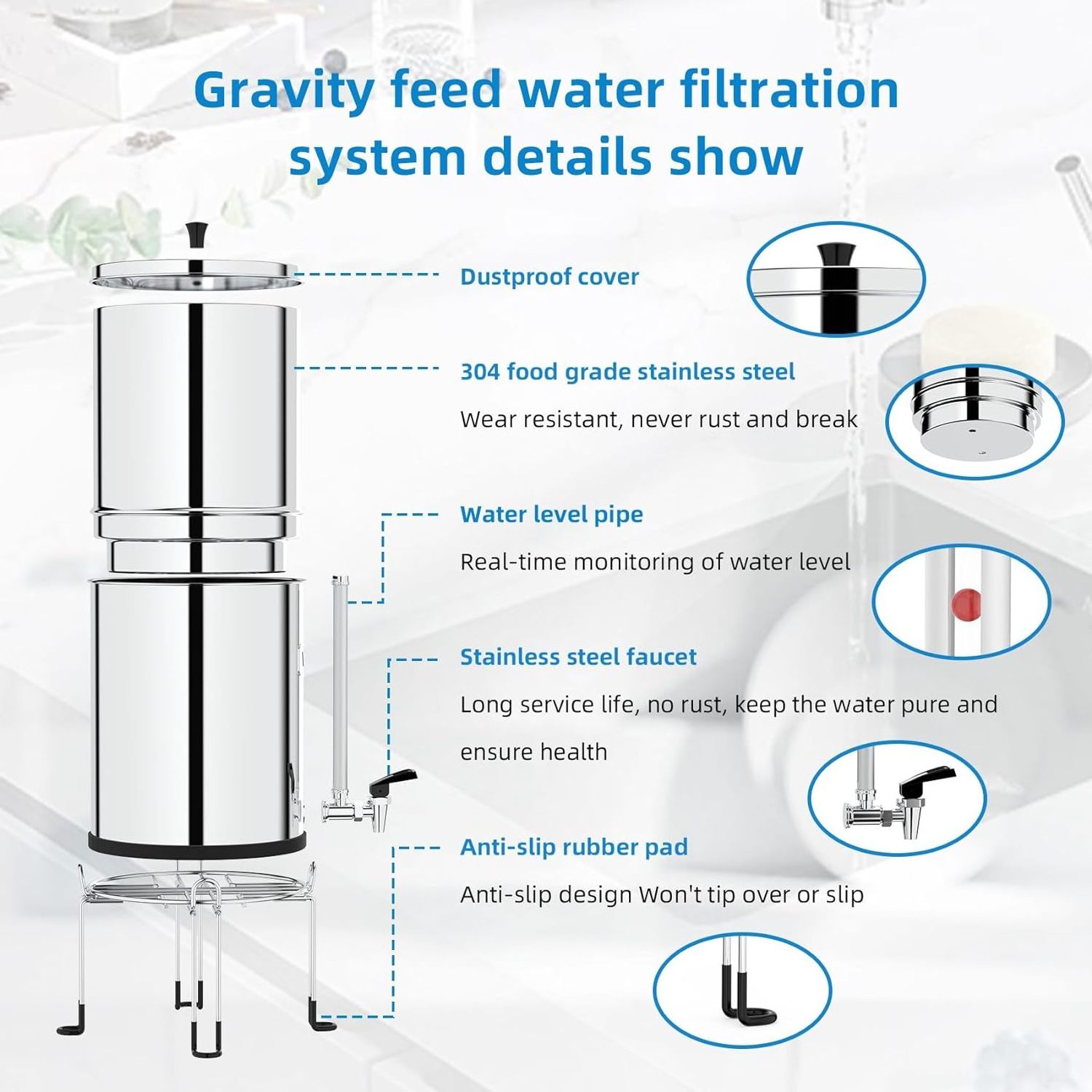 MZL TDS Gravity-fed Water Filter System, 2.25 Gallon Stainless Steel Countertop System with 2 Ceramics Filters Washable Filters