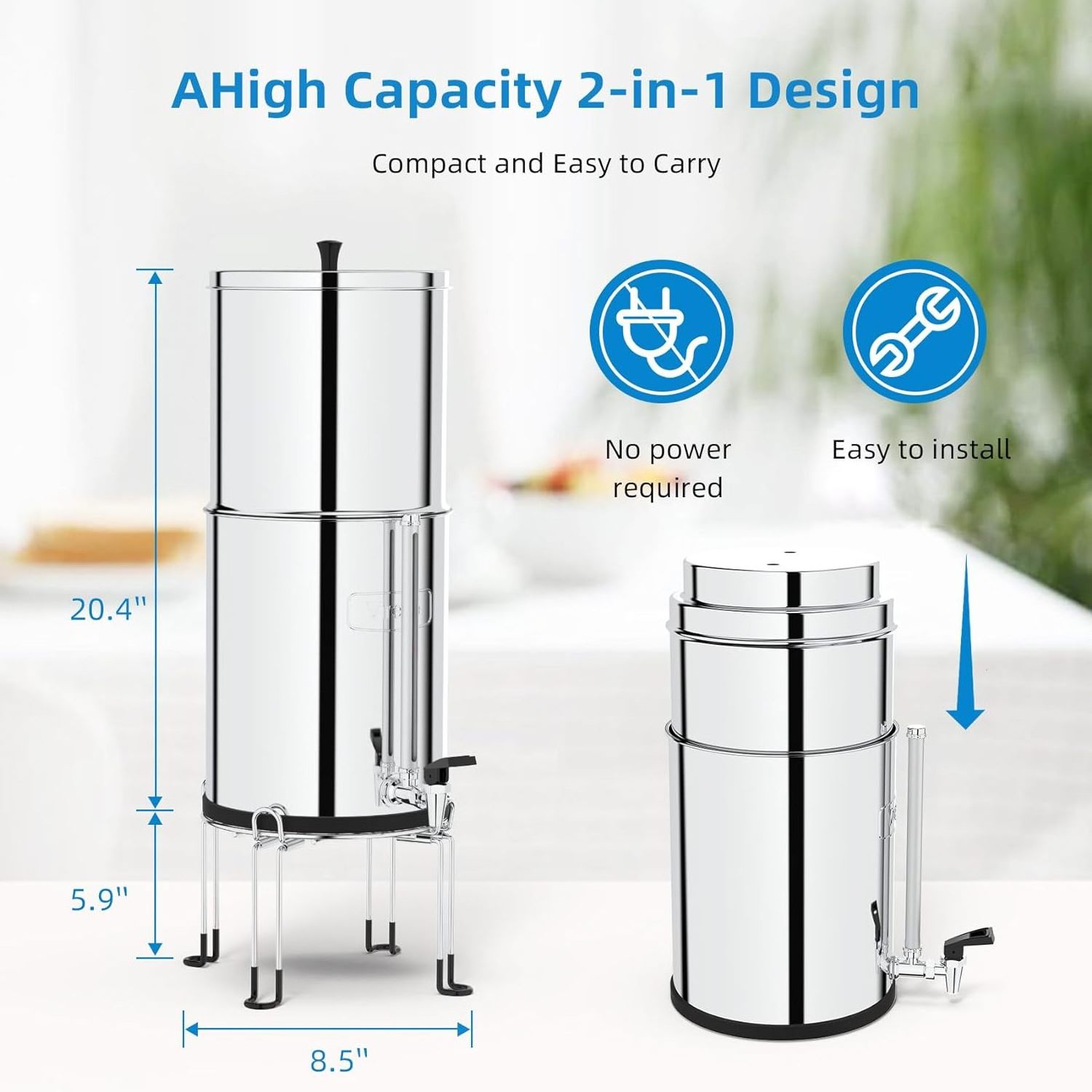 MZL TDS Gravity-fed Water Filter System, 2.25 Gallon Stainless Steel Countertop System with 2 Ceramics Filters Washable Filters