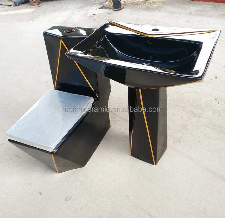 Sanitary ware diamond shape  toilet black with gold plated line toilet and sink combined bathroom