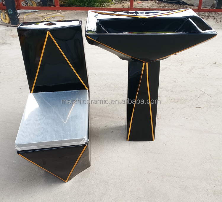 Sanitary ware diamond shape  toilet black with gold plated line toilet and sink combined bathroom