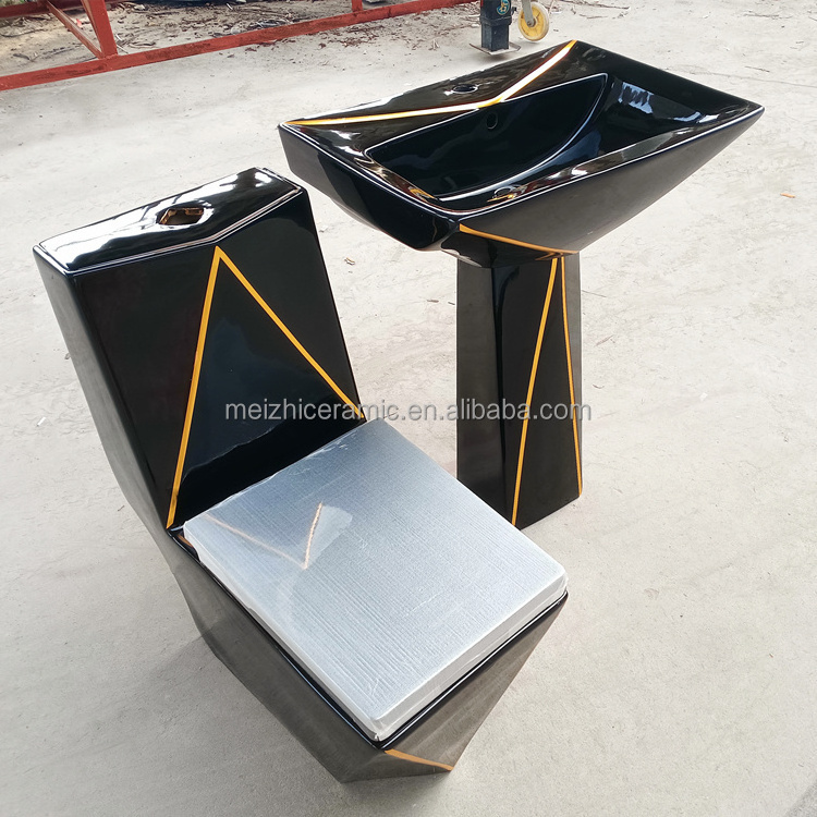 Sanitary ware diamond shape  toilet black with gold plated line toilet and sink combined bathroom