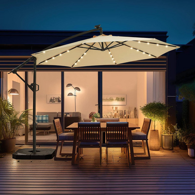 10-Foot Offset Cantilever Solar Patio Umbrella - Features Outdoor LED Lights, Crank, and Cross Base