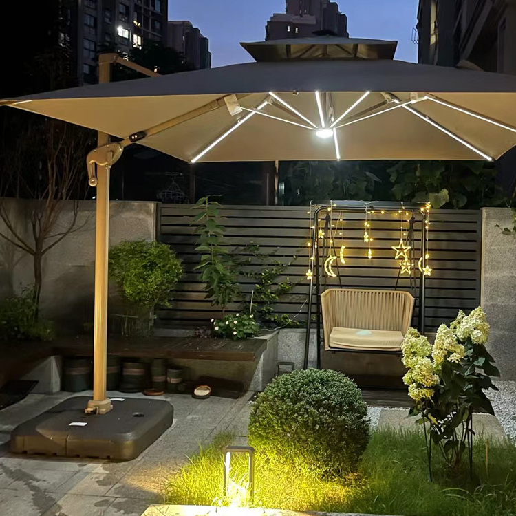 Aluminum furniture large right cantilever outdoor sun tiling garden replacement patio umbrella with LED solar panel