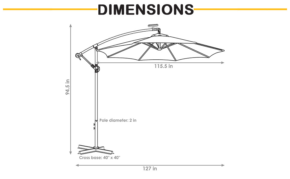 10-Foot Offset Cantilever Solar Patio Umbrella - Features Outdoor LED Lights, Crank, and Cross Base