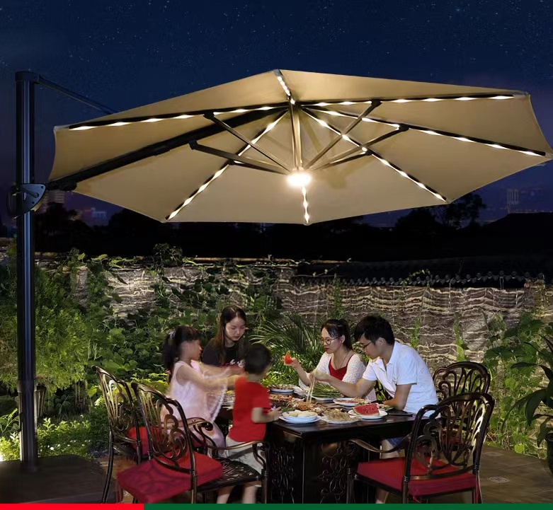 Outdoor Cafe High Quality Aluminum frame round Umbrella Parasol Garden Sun Shade Solar Powered LED