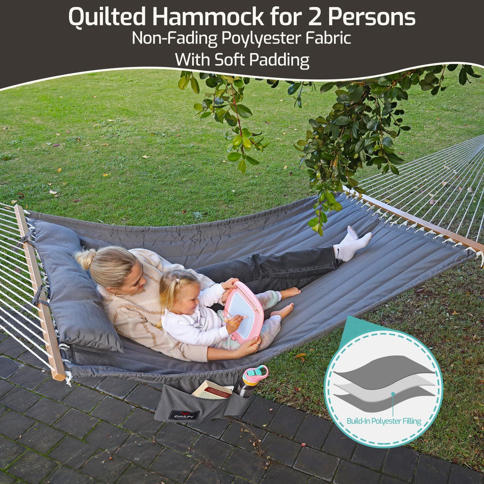 Factory Durable Quilted Swing Fabric Hammock With Stand And Detachable Poly Pillow