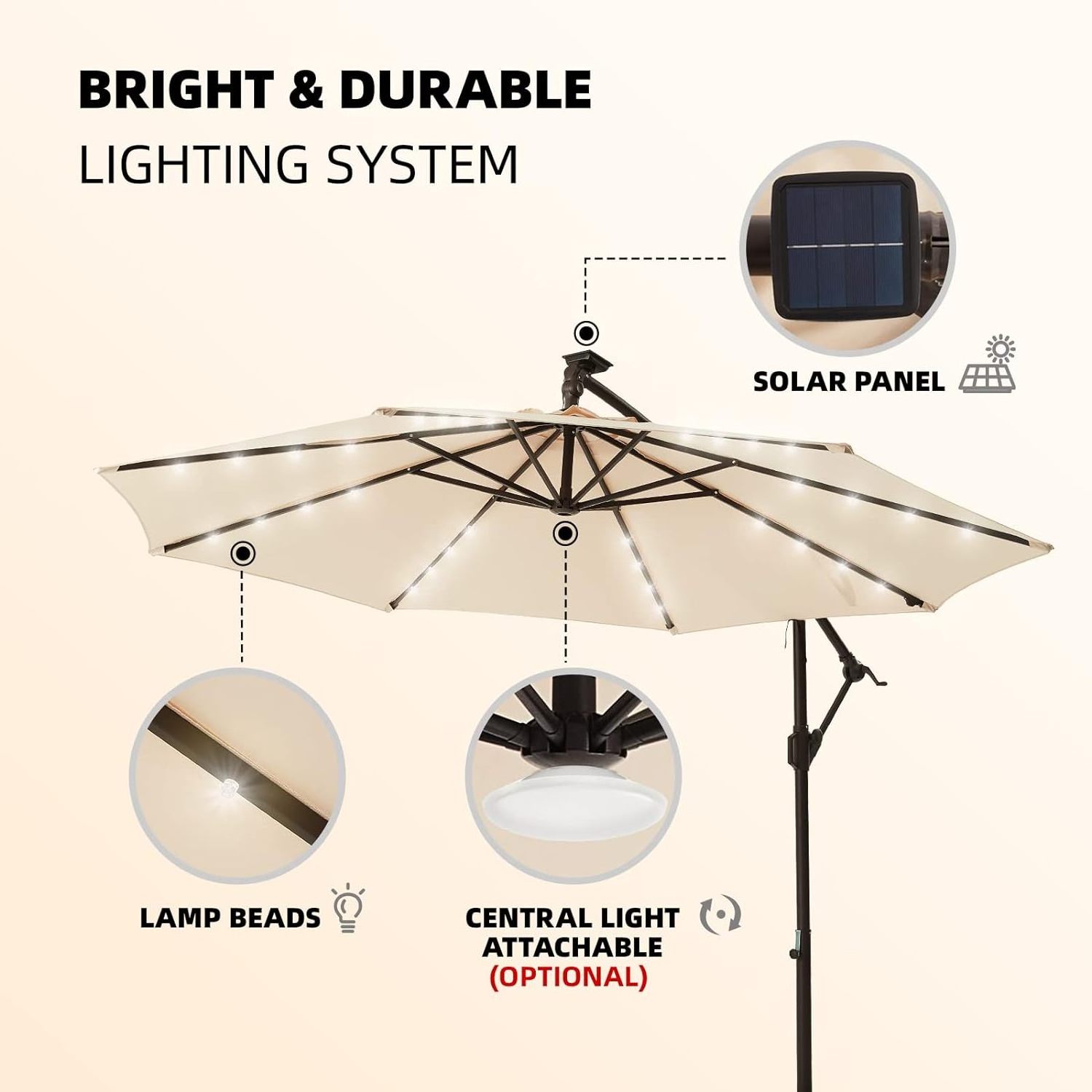 10-Foot Offset Cantilever Solar Patio Umbrella - Features Outdoor LED Lights, Crank, and Cross Base