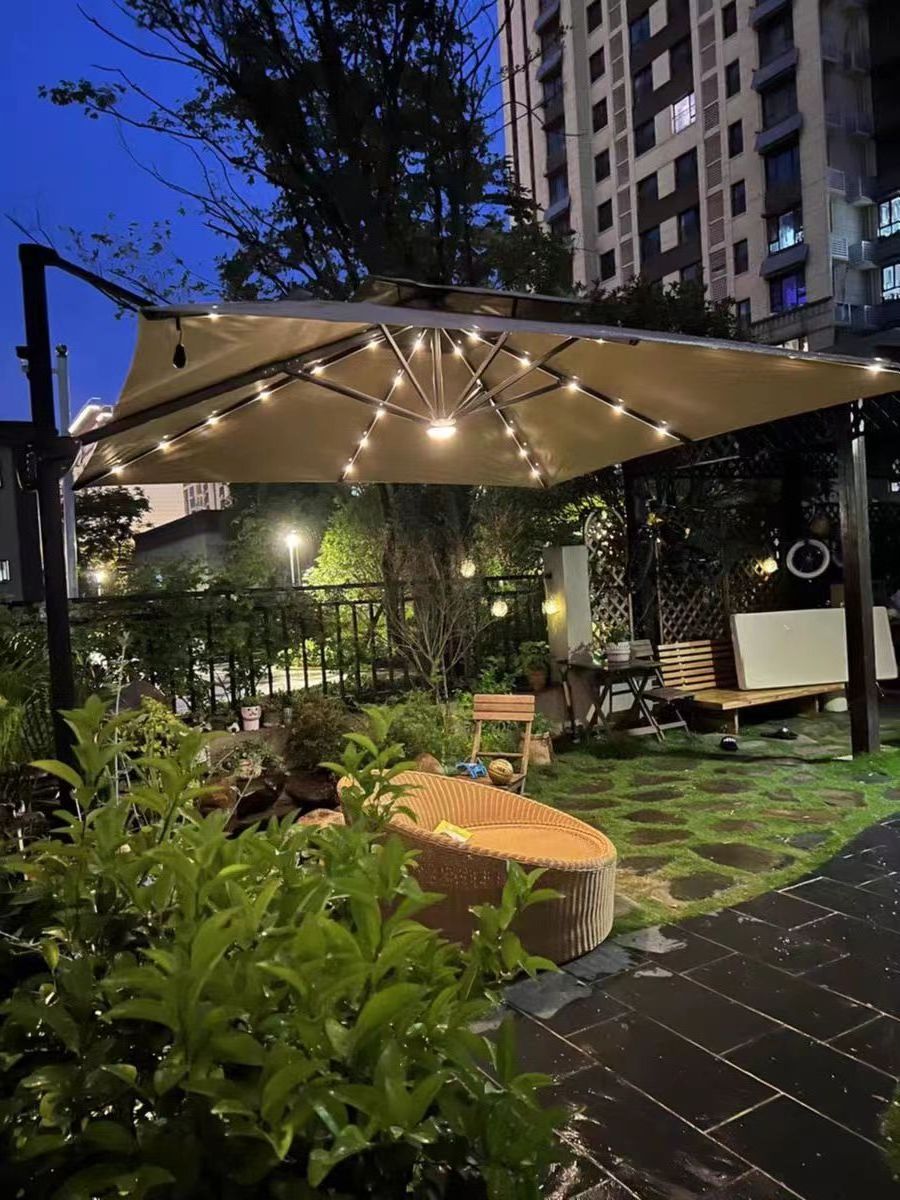 Outdoor Cafe High Quality Aluminum frame round Umbrella Parasol Garden Sun Shade Solar Powered LED