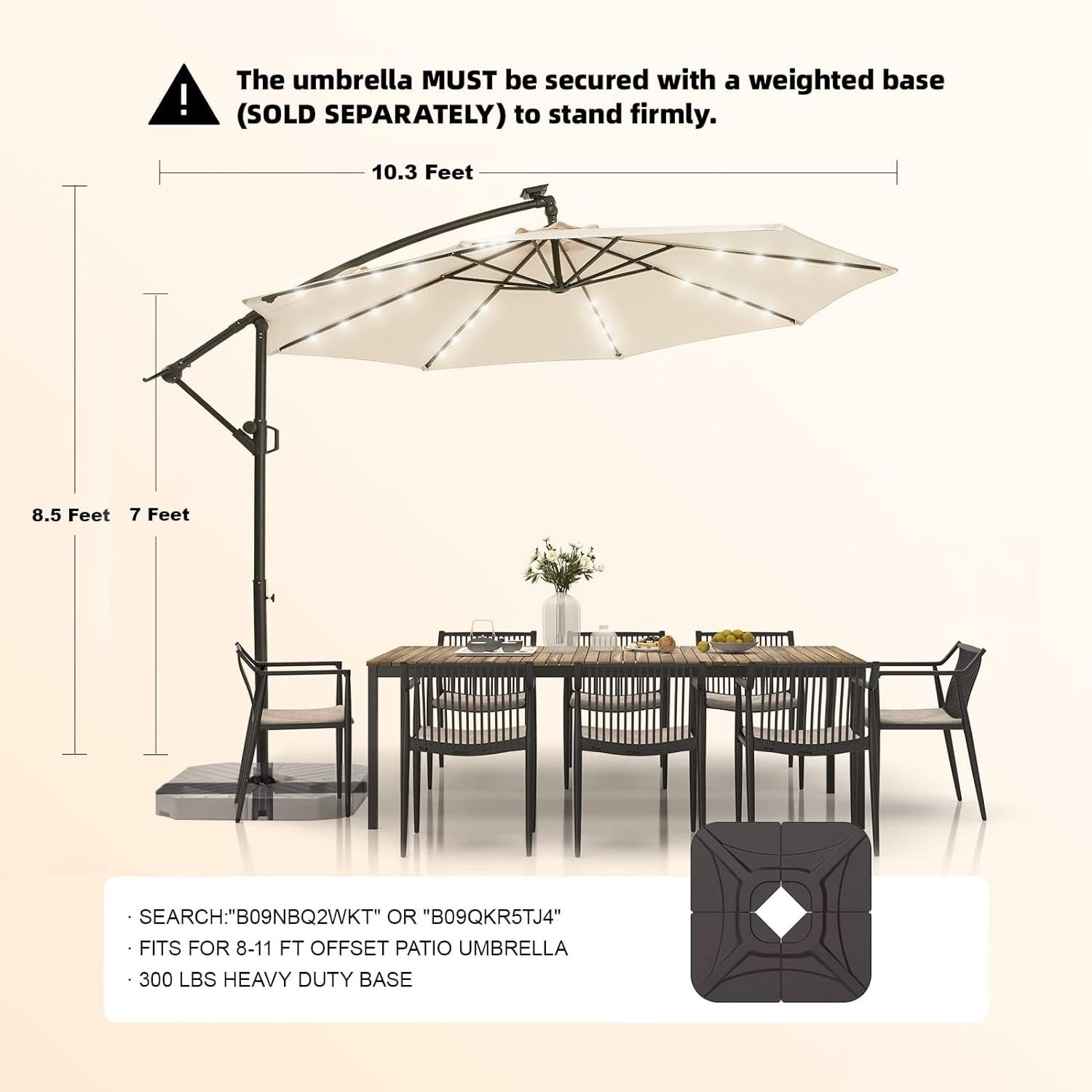 10-Foot Offset Cantilever Solar Patio Umbrella - Features Outdoor LED Lights, Crank, and Cross Base