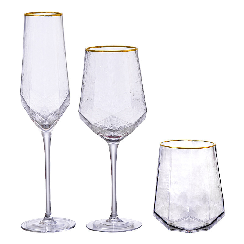 MEIZHILI  new fashion Diamond shape design Vintage Champagne Glasses  Clear Red Wine Goblet Gold Rim Wine Glass Cups Drinking