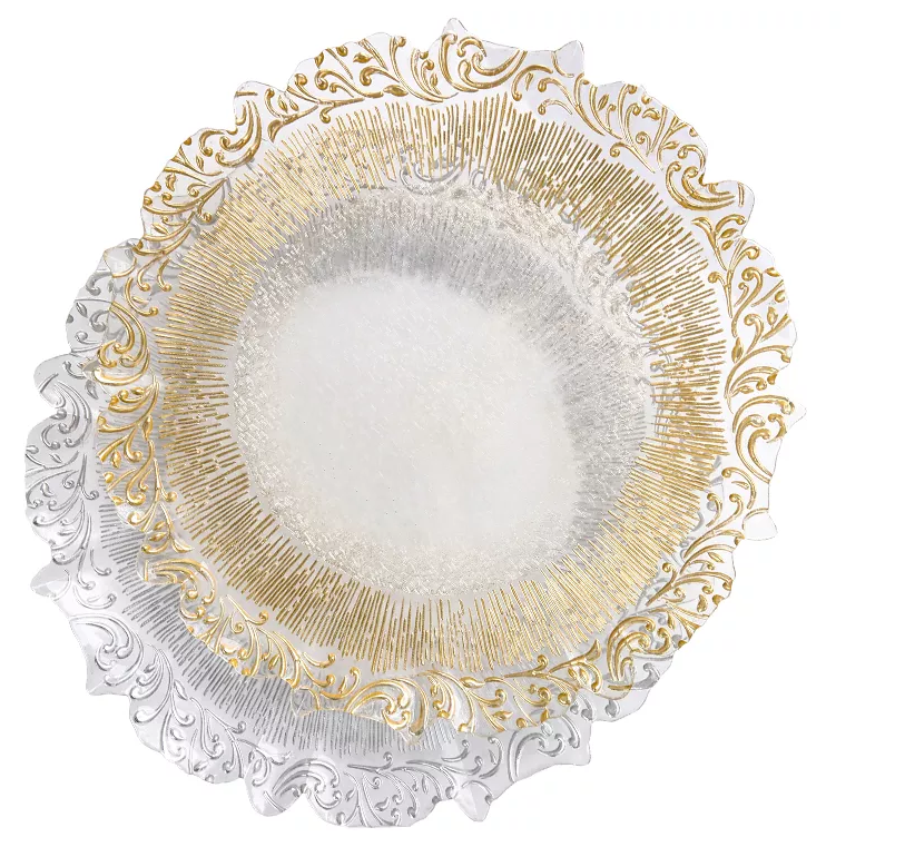 MEIZHILI Cheap silver rim wedding glass charger plates glitter Glass Dinnerware set Plate