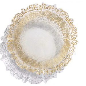 MEIZHILI Cheap silver rim wedding glass charger plates glitter Glass Dinnerware set Plate