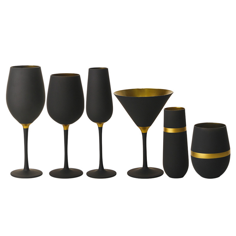 MEIZHILI Matte Black & Gold Wine Glass Set of 6 Elegant Anniversary Wine Glasses European Style Glassware Set Party Crystal