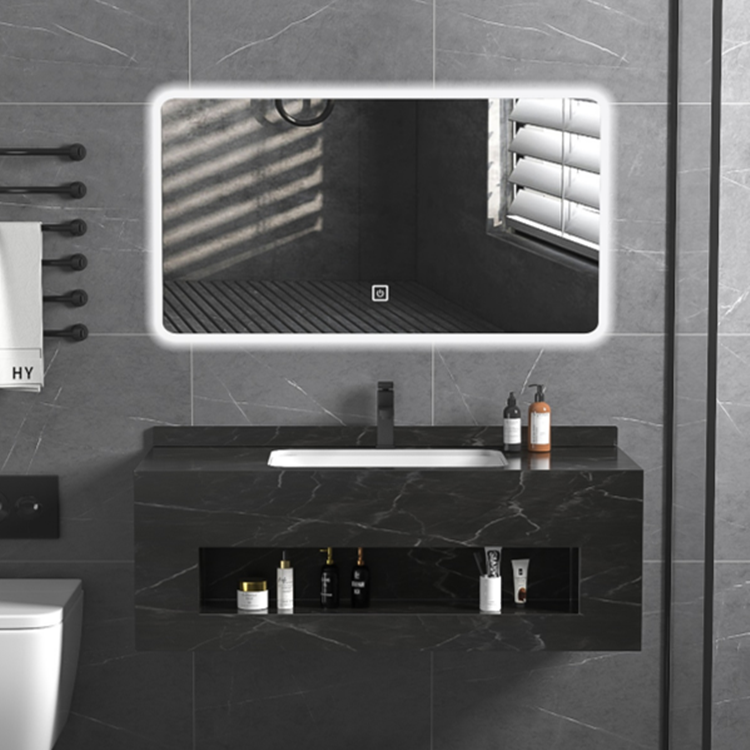 High quality one piece wall hung rectangular bathroom vanity with rock slab stone wash basin