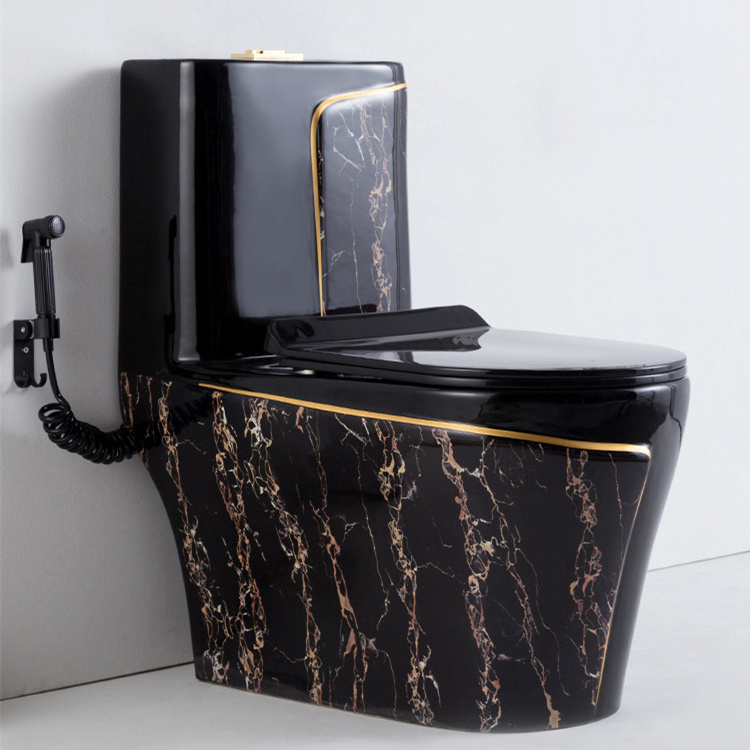 Luxury One Piece Bathroom Ceramic Wc Water Closet Porcelain Gold Black Colored Toilets Bowl