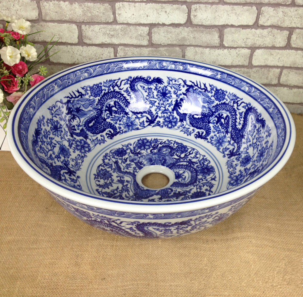 Moroccan hand painted blue circular round sink wash art basins