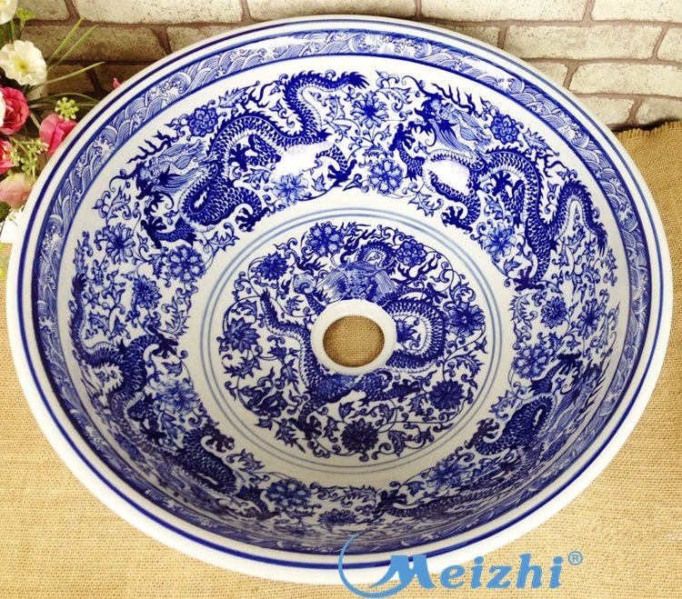 Moroccan hand painted blue circular round sink wash art basins