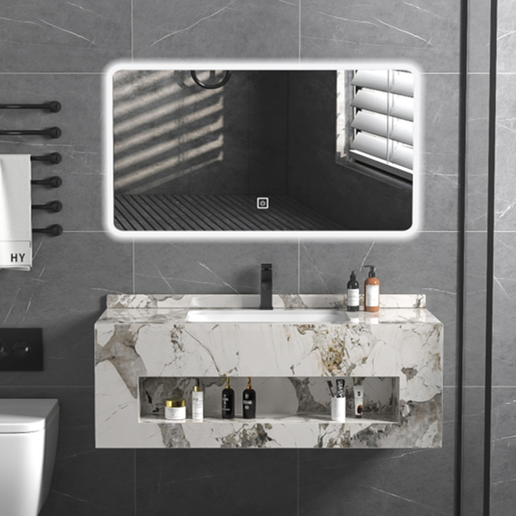 High quality one piece wall hung rectangular bathroom vanity with rock slab stone wash basin