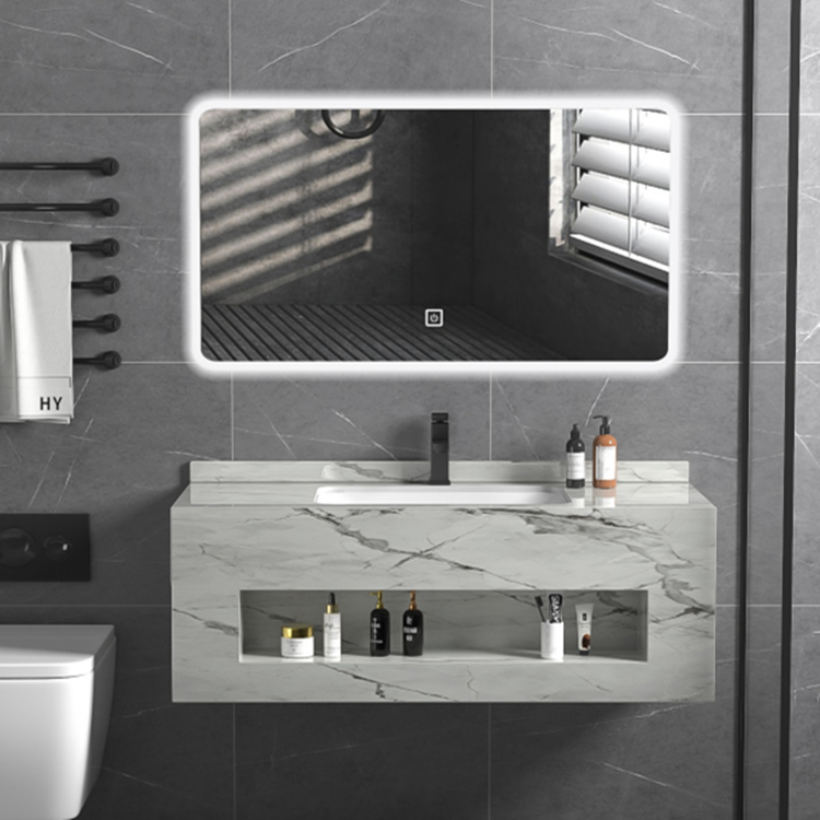 High quality one piece wall hung rectangular bathroom vanity with rock slab stone wash basin