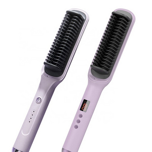 Private Label Hair Tools LED Fast Mini Beard Straightening Comb Portable Ceramic Electric Ionic Hair Brush Straightener