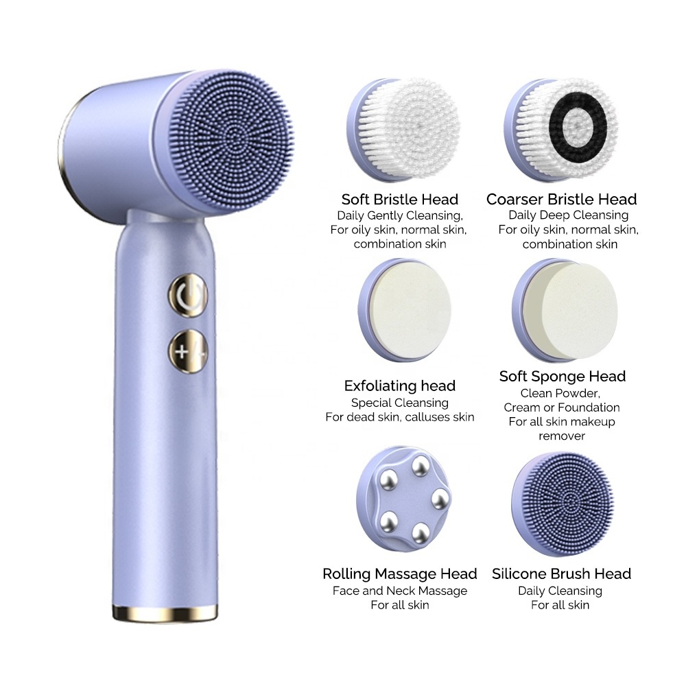 LED Waterproof Electric Sonic Facial Exfoliating Cleanser Silicone Facial Cleansing Brush With 6 Replaceable Face Brushes