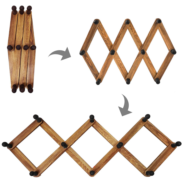 MEJ 10 Hooks Burnt Wood Wall Mounted Expandable Accordion Peg Coat Rack Hanger for Entryway Mudroom or Garage