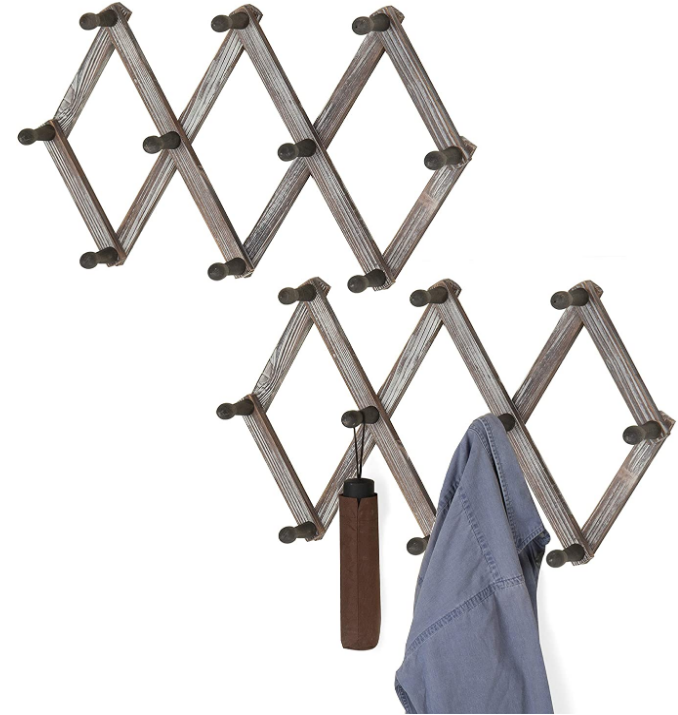 MEJ 10 Hooks Burnt Wood Wall Mounted Expandable Accordion Peg Coat Rack Hanger for Entryway Mudroom or Garage