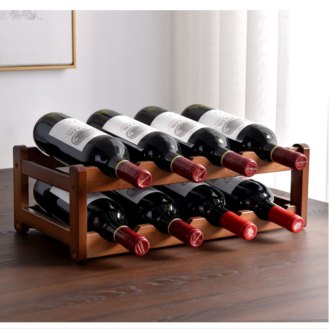 Walnut color rustic solid wall mounted wine rack wood with 6 Glass Rack Storage Tray Table Top 4 Bottle Holder