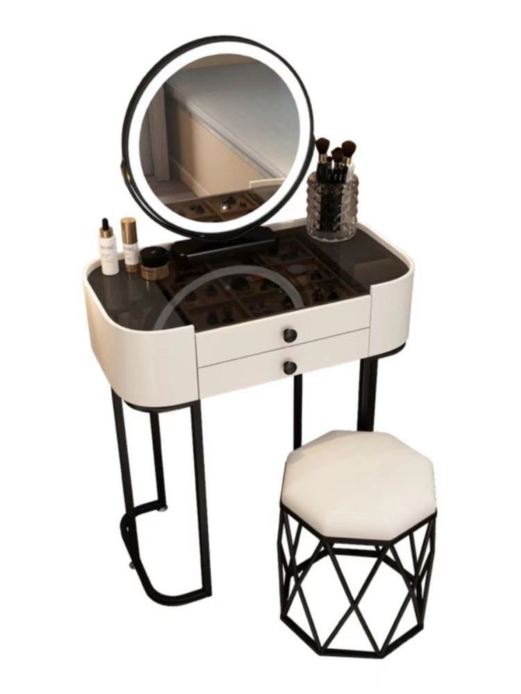 White Dressing Table with Stool and LED Lights with 5 Drawers and Mirror Dresser Furniture Dresser Makeup Table