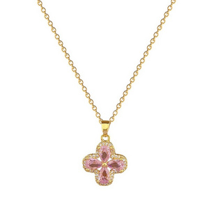 2024 Fashion Iced Out Four Leaf Clover CZ Pendant Necklace Pink Cubic Zircon Women Icy Charm Necklace Jewelry