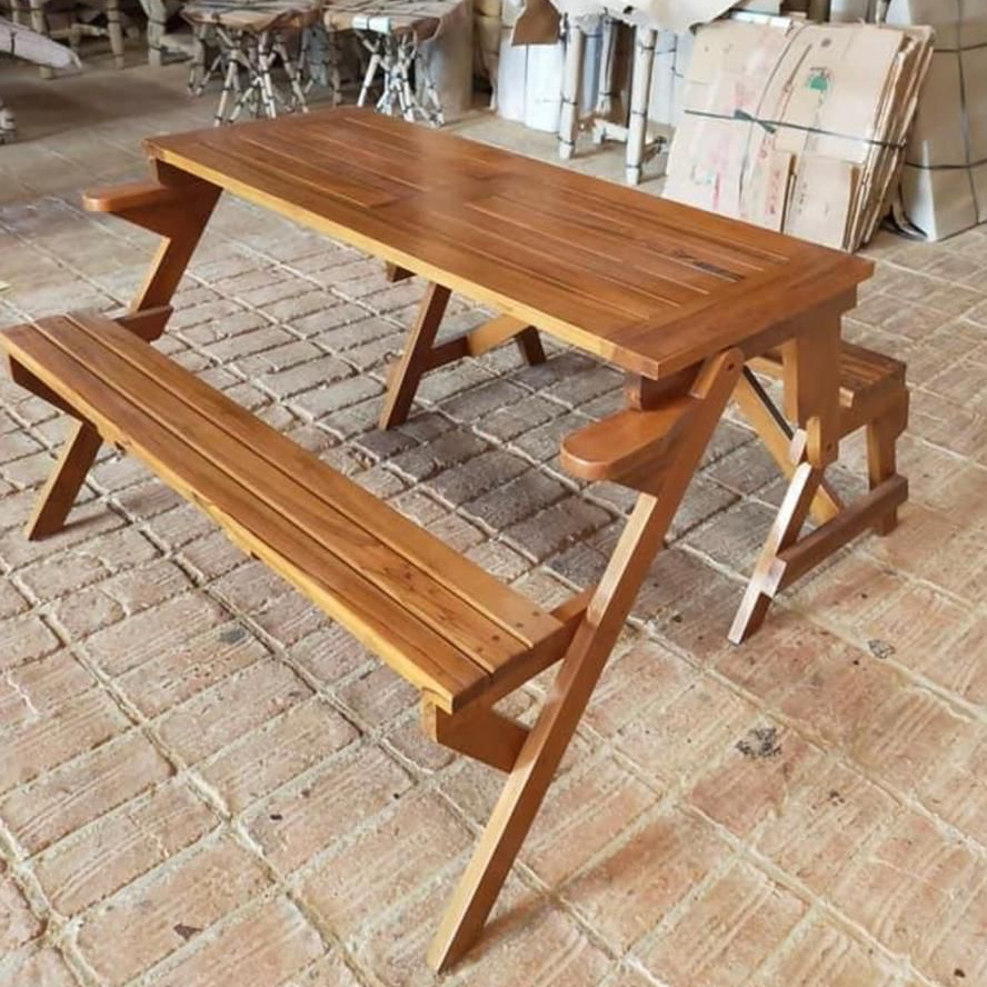 Portable Teak Wooden Outdoor/Garden/Camping Suitcase Folding Picnic Table With 4 Bench Seats