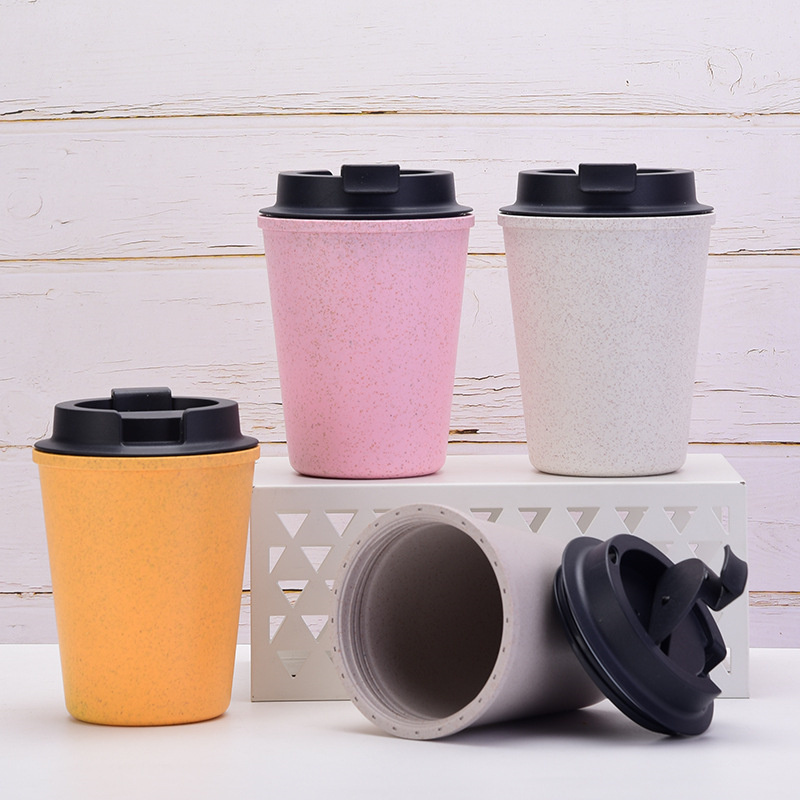 Simple double wall portable mini wheat straw coffee cup 12oz wholesale bulk 350ml plastic coffee tumbler with lid