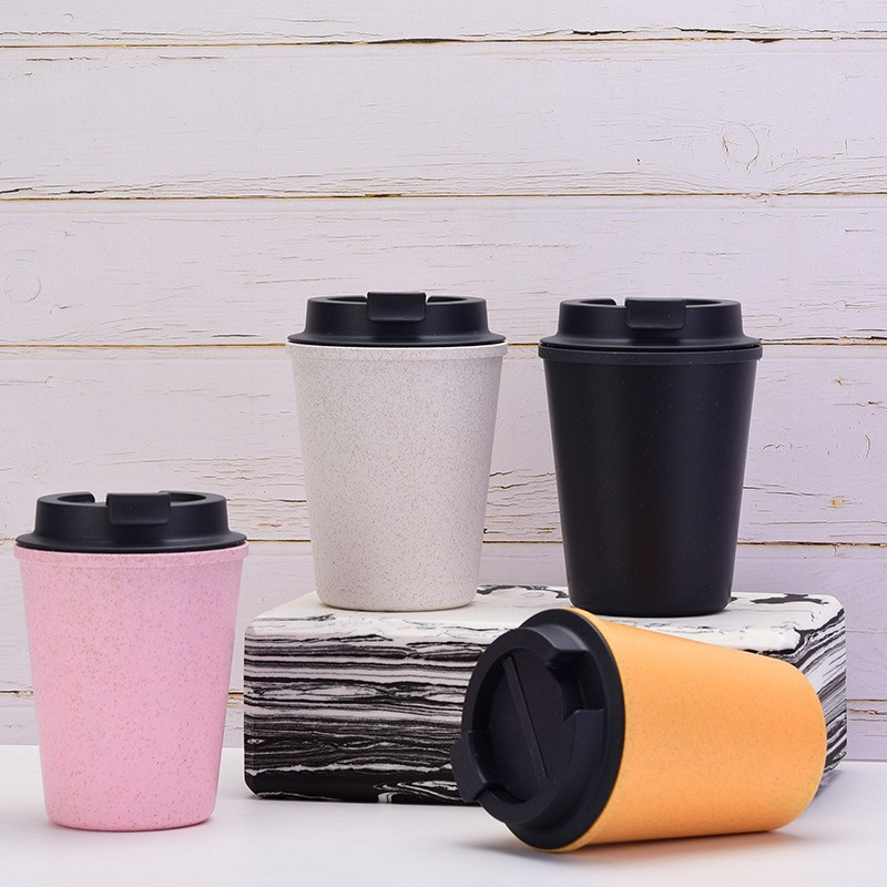 Simple double wall portable mini wheat straw coffee cup 12oz wholesale bulk 350ml plastic coffee tumbler with lid