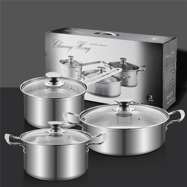 B1011 Hot Sell Custom 3 PCS Stainless Steel Cooking Pot Set Cookware With Lid Soup Milk Cooking Pots And Pans