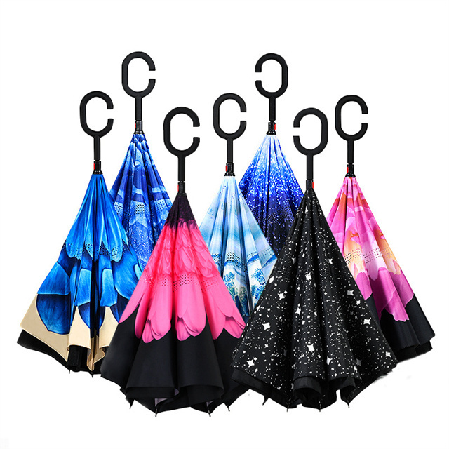 J601 Custom Windproof C Handle Reverse Invert Umbrella Double Layer Arc Upside Down Umbrella Inside Out Umbrella